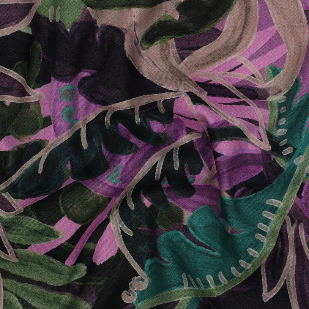 COTTON VISCOSE DIGITAL LEAVES PURPLE/ GREEN #2