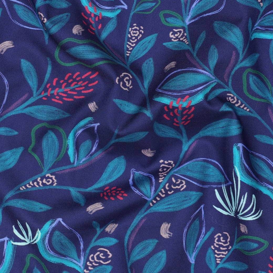 FINE POPLIN DIGITAL LEAVES COBALT #2