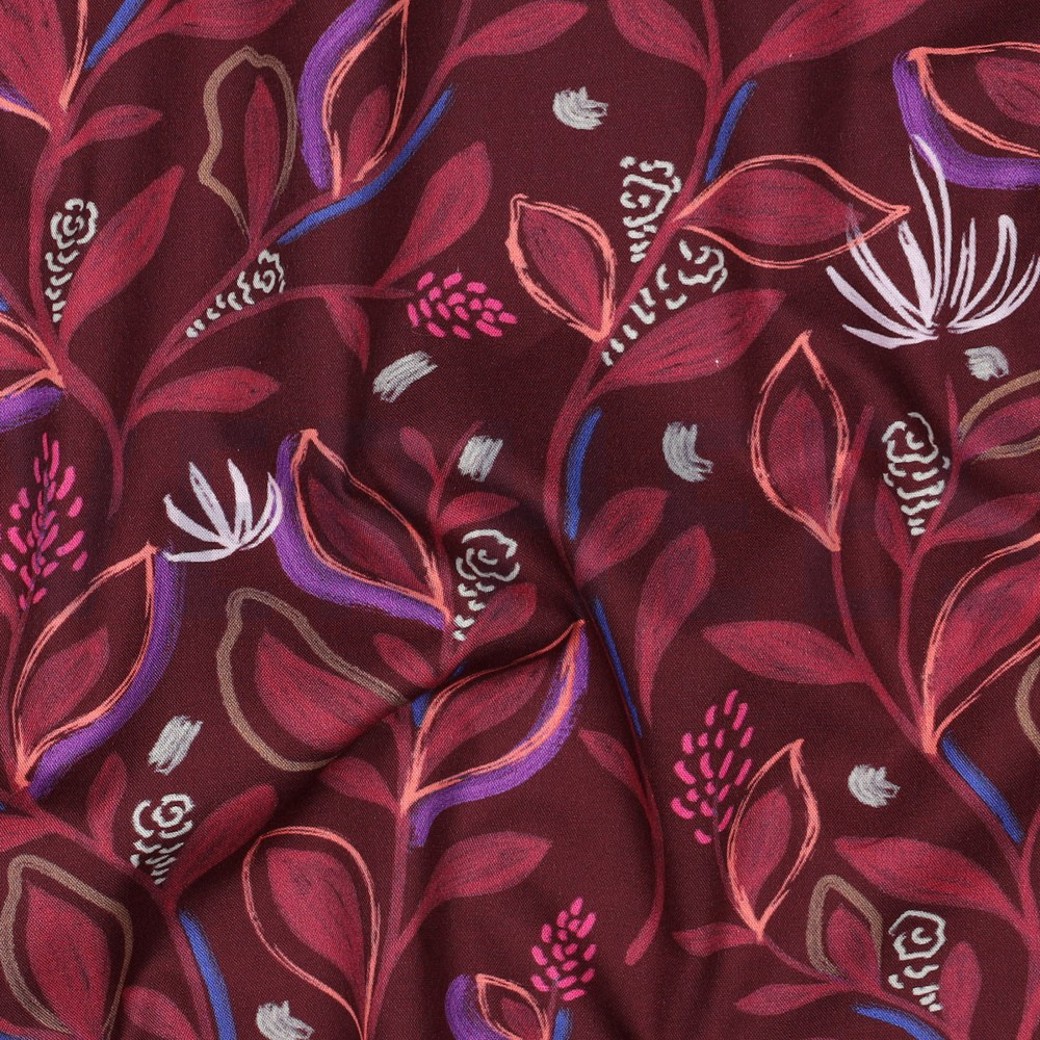 FINE POPLIN DIGITAL LEAVES BORDEAUX #2