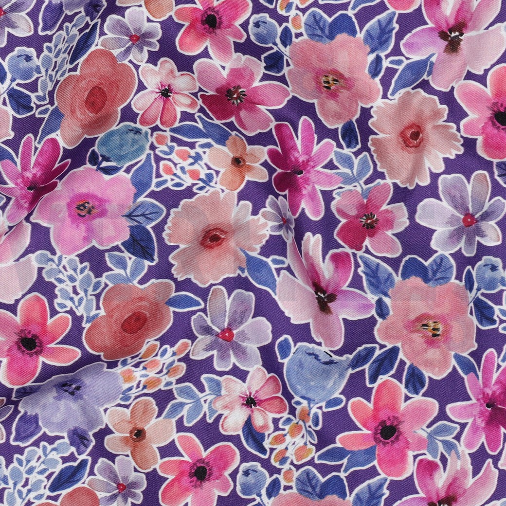 FINE POPLIN DIGITAL FLOWERS PURPLE #2