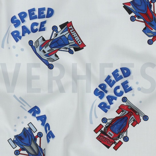 FINE POPLIN DIGITAL RACE CARS WHITE #7
