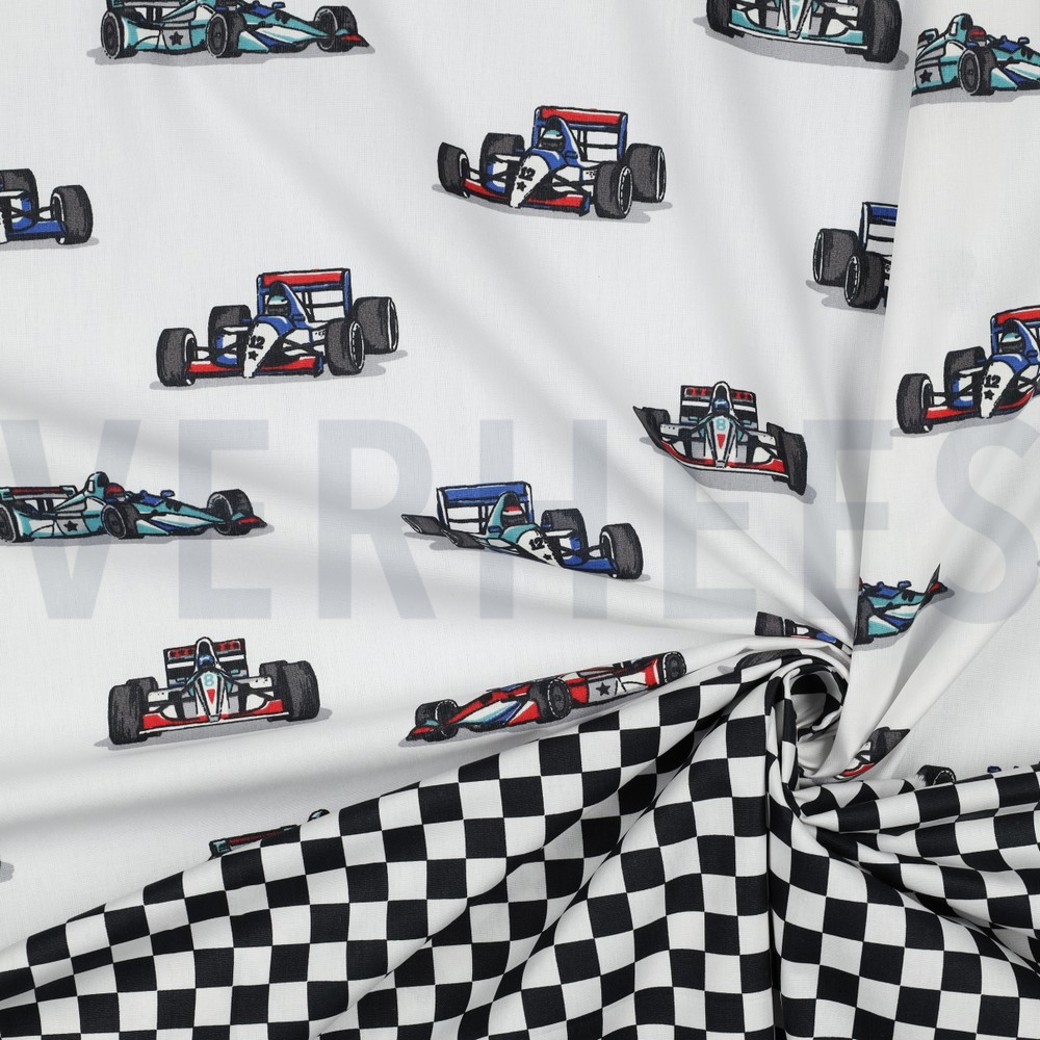 POPLIN RACING CARS WHITE #2
