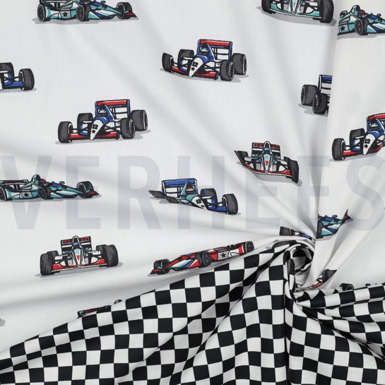 BAUMWOLLE POPELINE RENNWAGEN WEISS #7