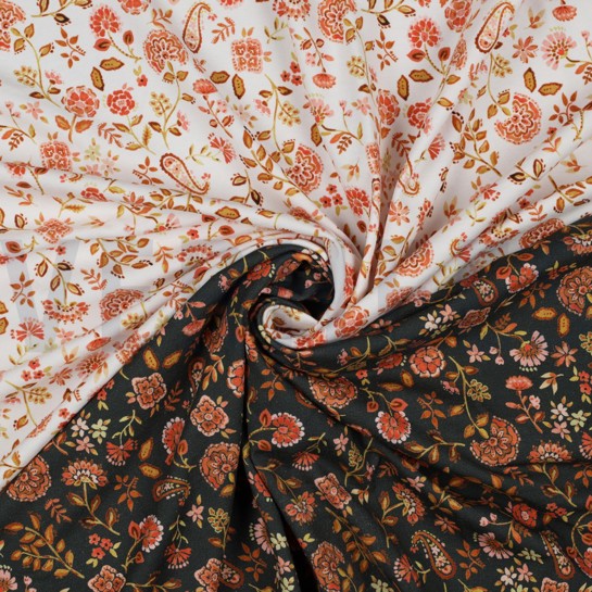 JERSEY DIGITAL PAISLEY FLOWERS WHITE PEACH #7