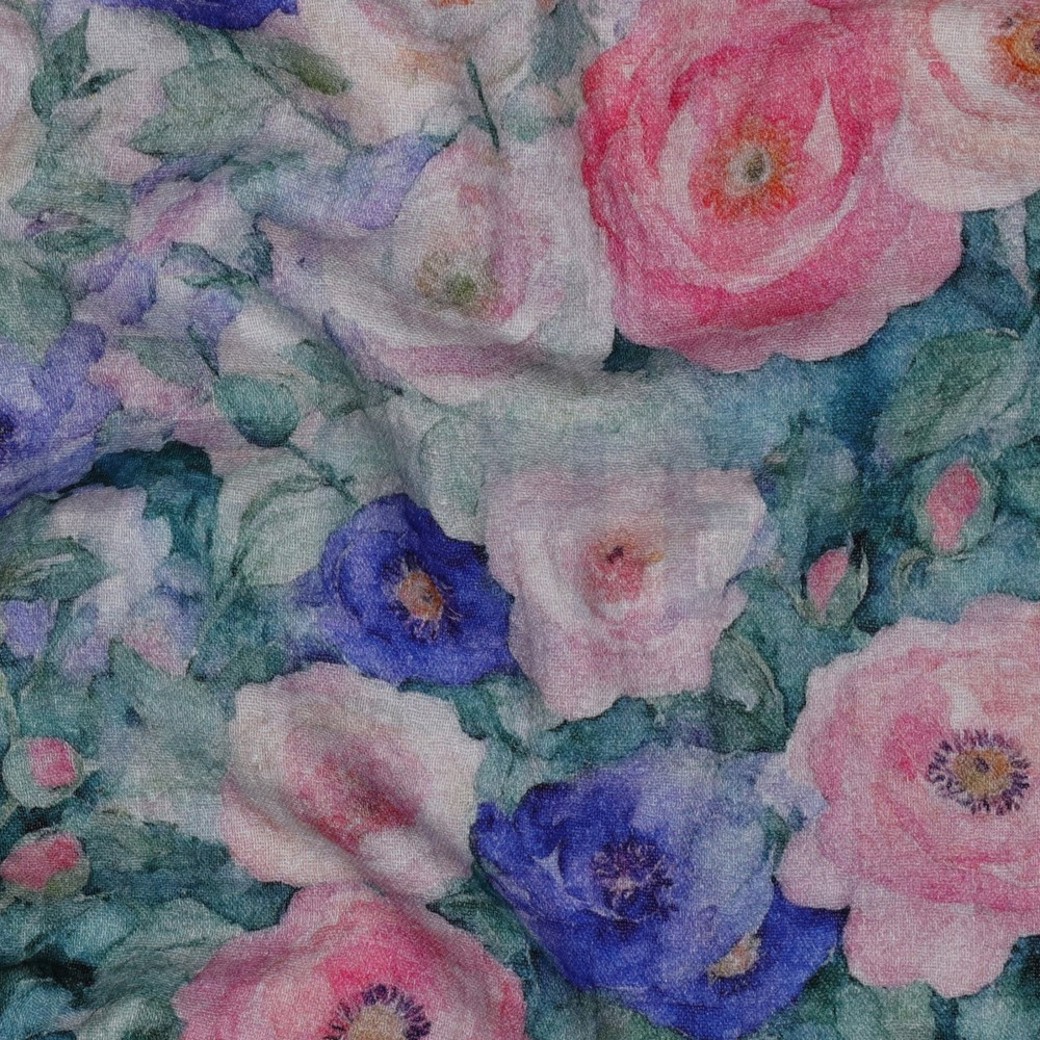 DOUBLE GAUZE DIGITAL FLOWERS PETROL #2
