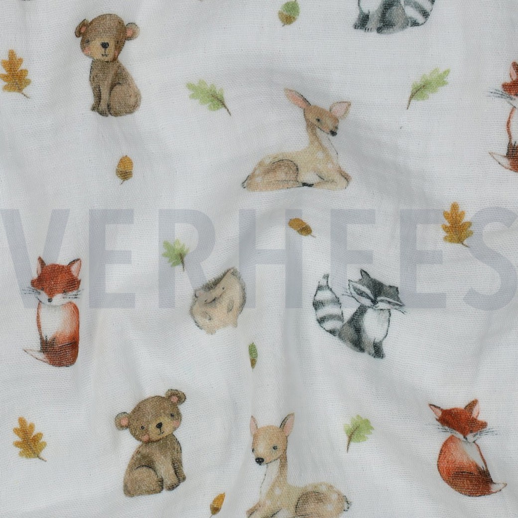 DOUBLE GAUZE DIGITAL FOREST ANIMALS WHITE #2