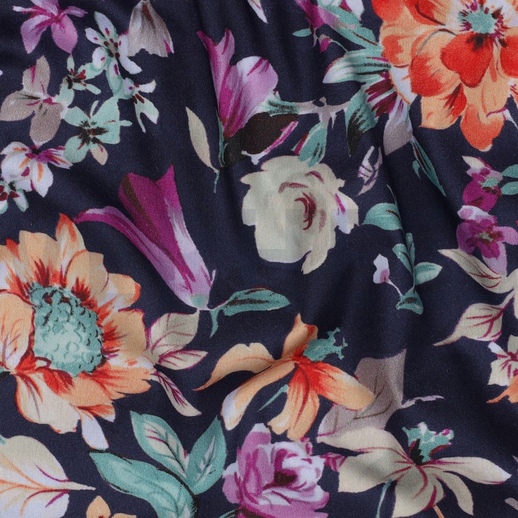 COTTON VISCOSE DIGITAL FLOWERS NAVY #2