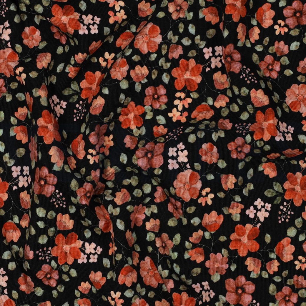 JERSEY GOTS DIGITAL FLOWERS BLACK / PEACH #2
