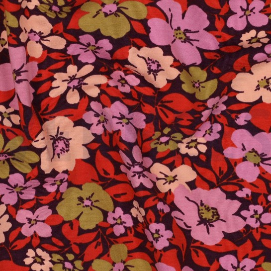 FRENCH TERRY FLOWERS BORDEAUX/ RED #7