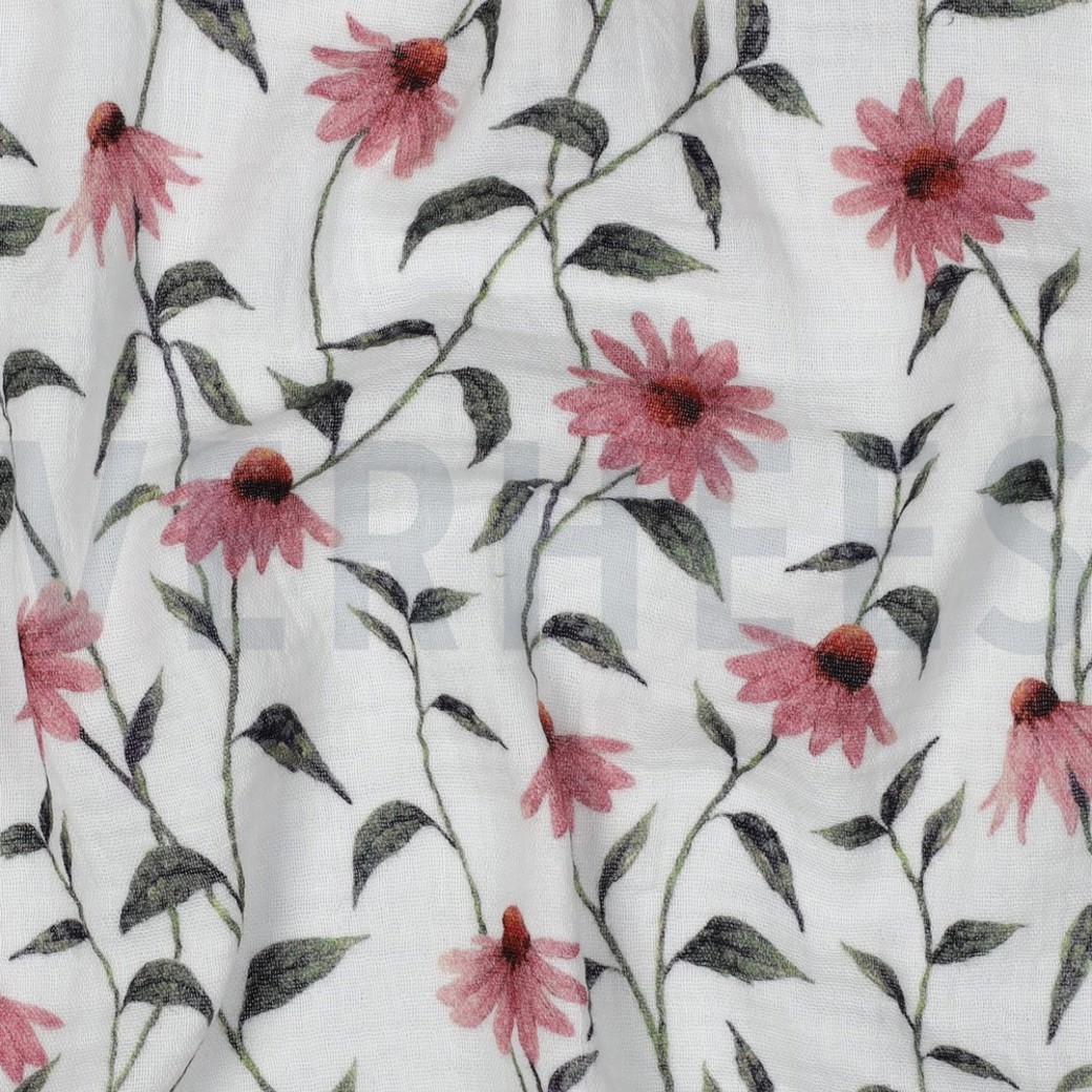 DOUBLE GAUZE GOTS DIGITAL FLOWERS WHITE #2