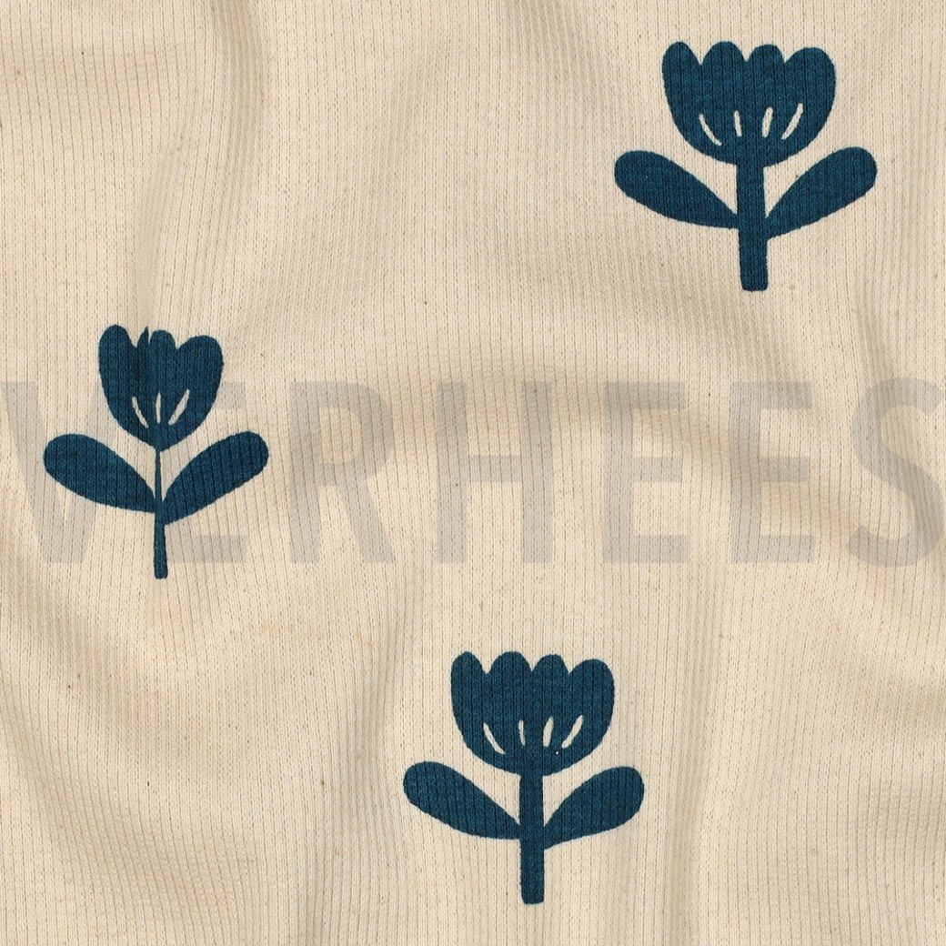 RIB JERSEY GOTS NATURAL FLOWERS NATURAL/ PETROL #2