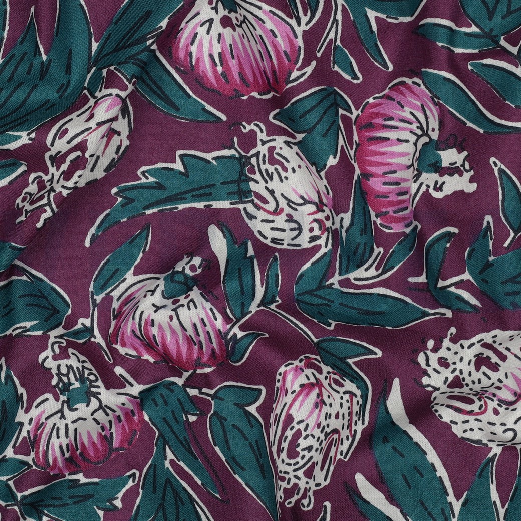 HANDCRAFTED BLOCK-PRINTED COTTON FLOWERS AUBERGINE #2