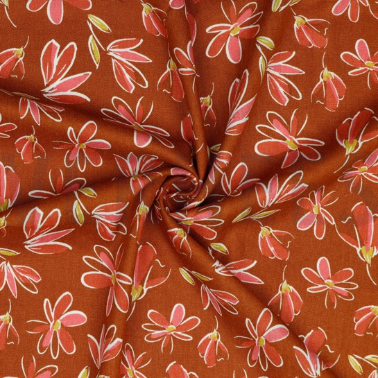 LINEN VISCOSE WASHED FLOWERS BRICK #7