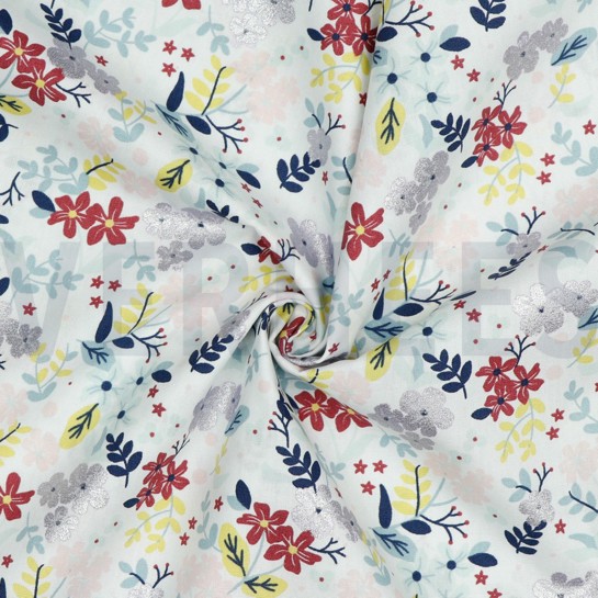 BAUMWOLLE POPELINE GLITZER BLUMEN WEISS #7