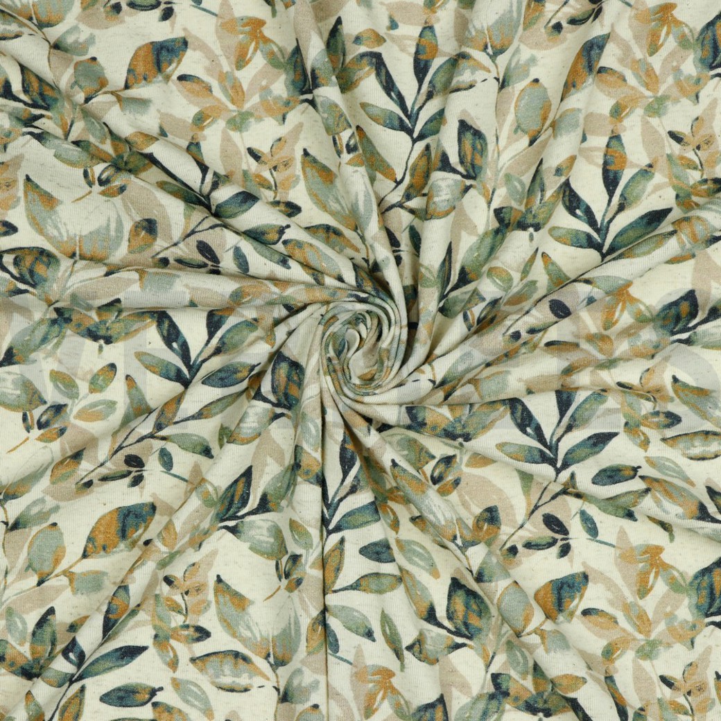 LINEN JERSEY DIGITAL LEAVES OLD GREEN/ OCHRE #2