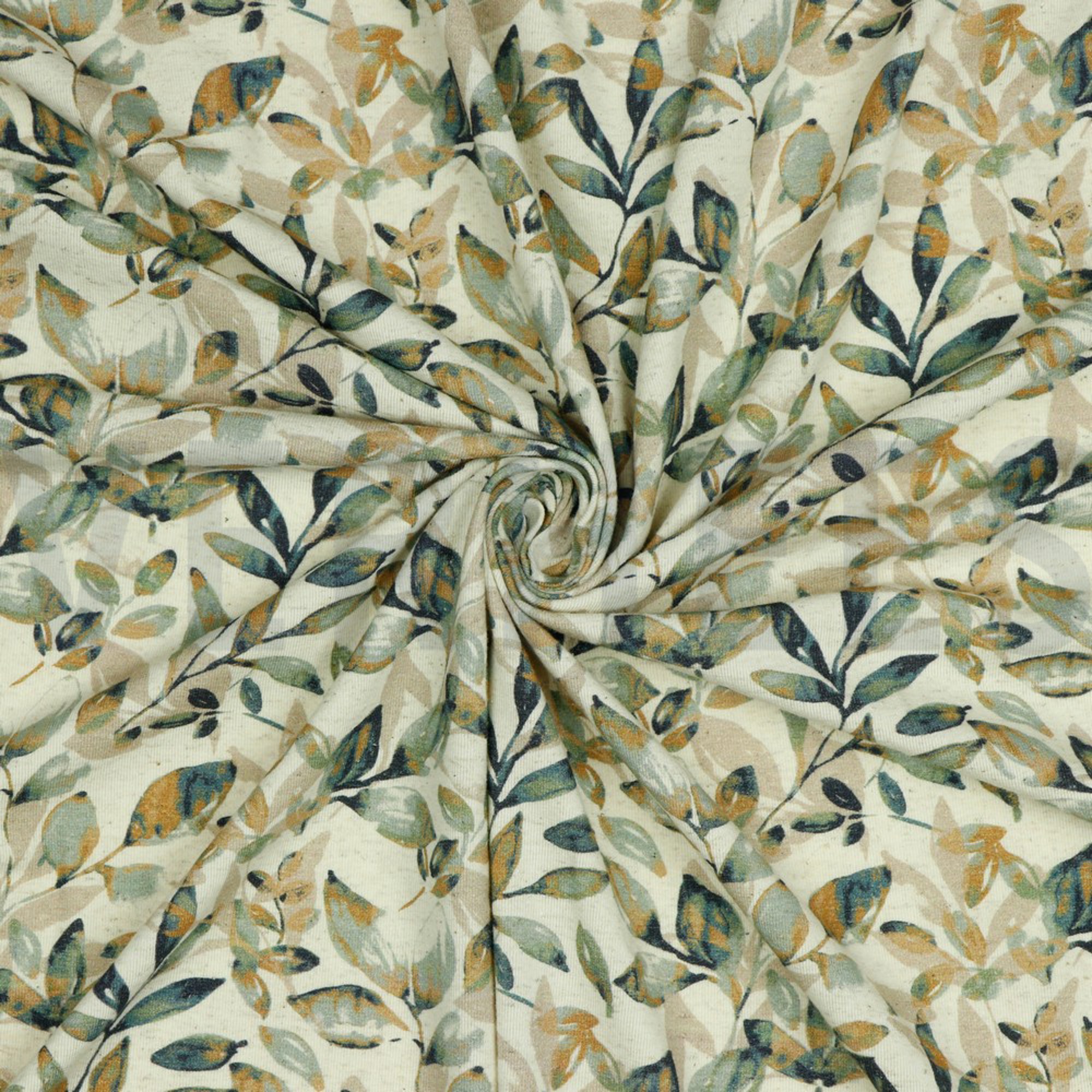 LINEN JERSEY DIGITAL LEAVES OLD GREEN/ OCHRE (high resolution) #2