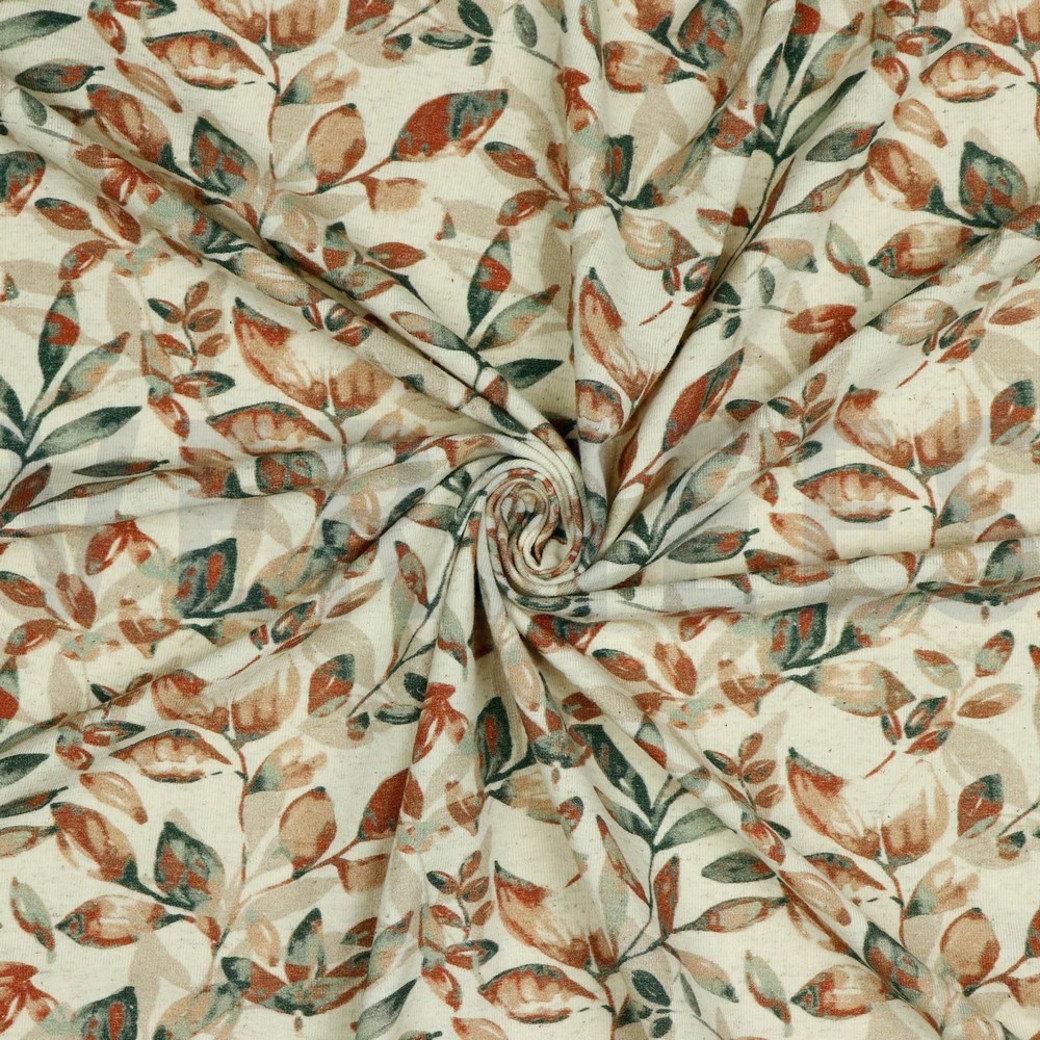 LINEN JERSEY DIGITAL LEAVES DARK GREEN/ TERRACOTTA #2