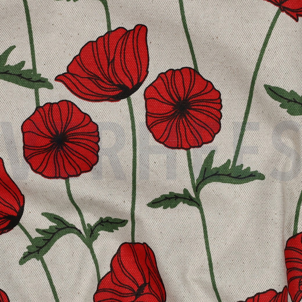 COATED CANVAS LINEN LOOK POPPY FLOWERS NATURAL #2