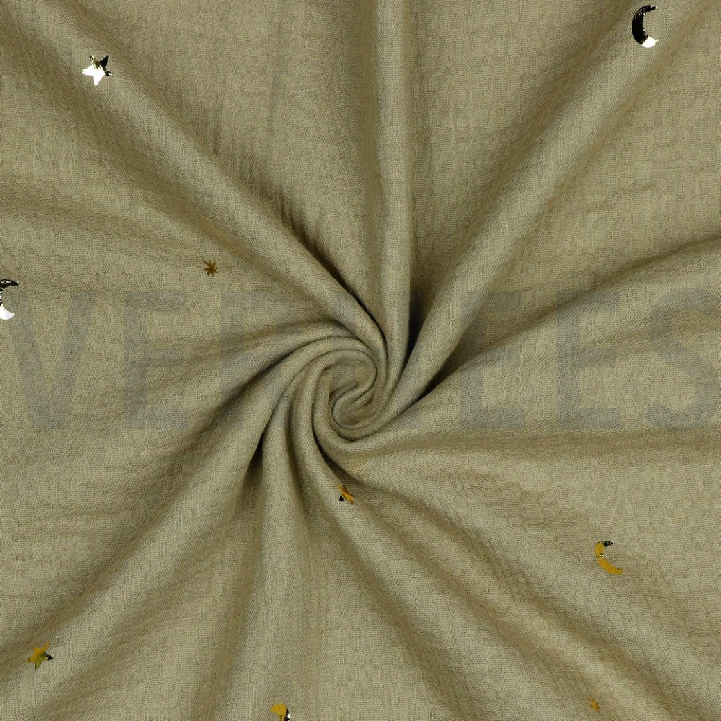 DOUBLE GAUZE FOIL MOON AND STARS TAUPE #2