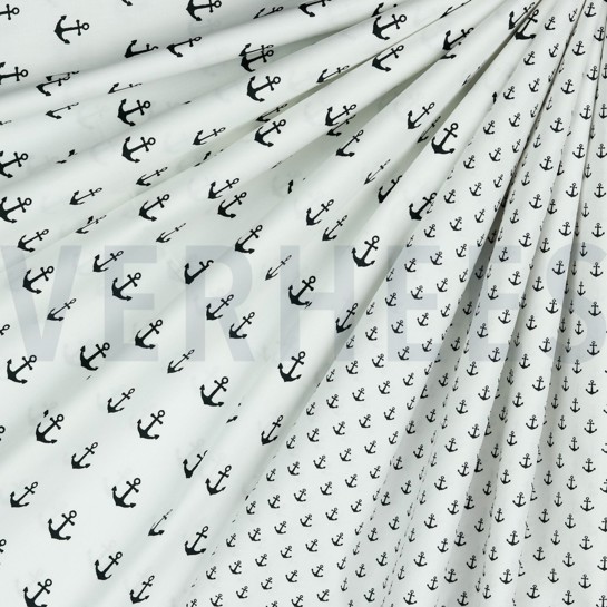 KATOENEN POPLIN KLEINE ANKERS WIT / ZWART #7