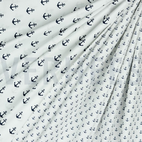 POPELINE DE COTON PETITS ANCRAGES BLANC / BLEU MARINE #7