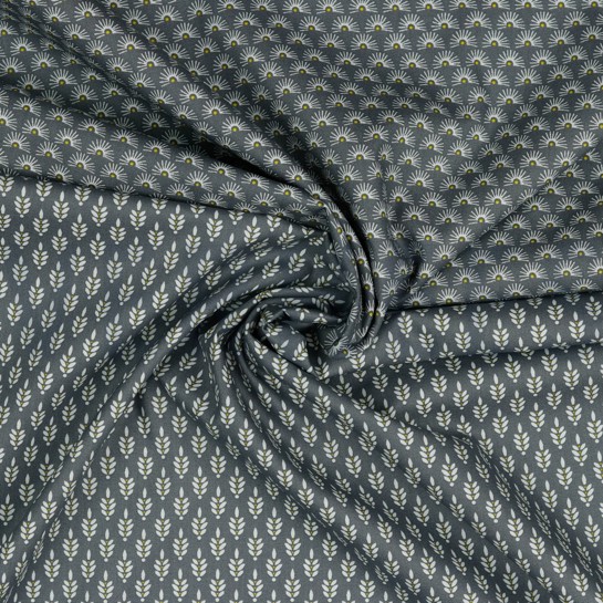 KATOENEN POPLIN FANTASIEBLOEMEN STEENGRIJS #7