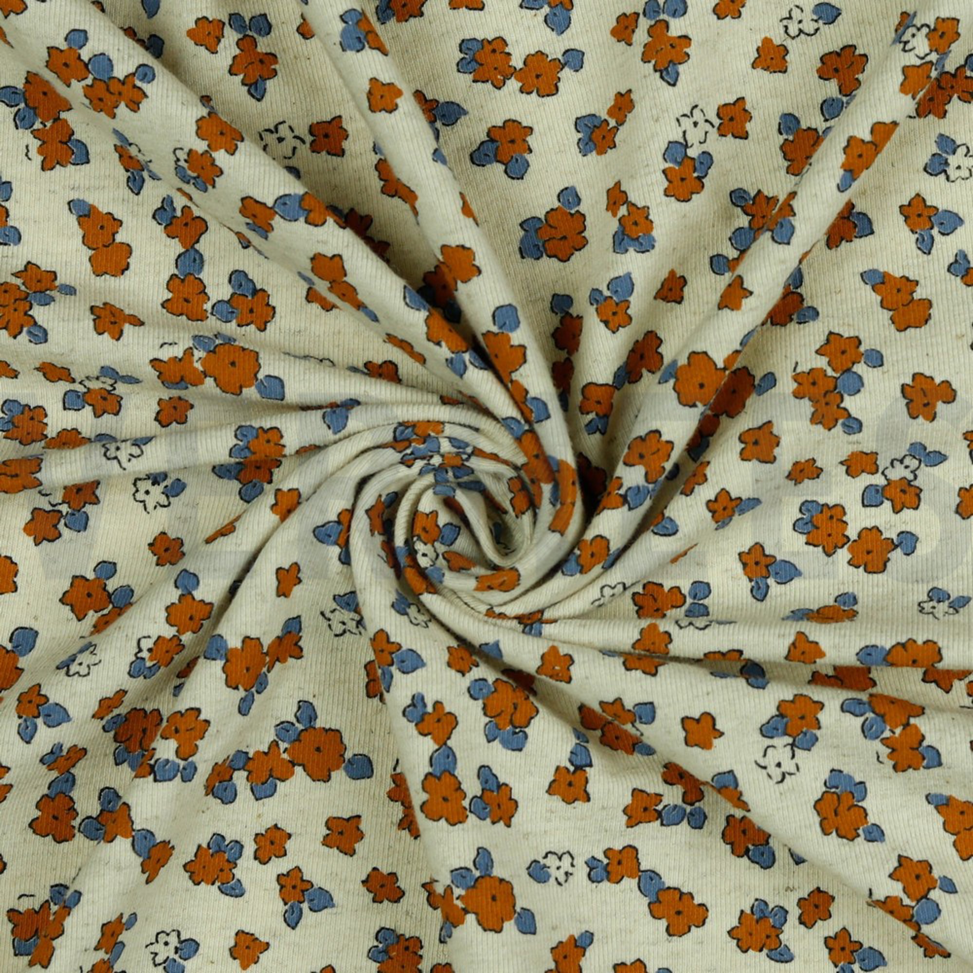 LINEN JERSEY SMALL FLOWERS NATURAL/DARK APRICOT/BLUE (high resolution) #2