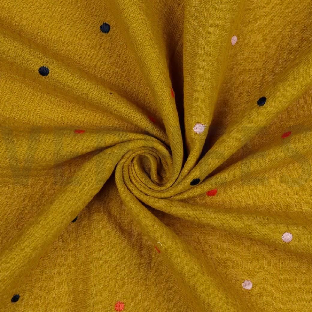DOUBLE GAUZE EMBROIDERY DOTS OCHRE #2