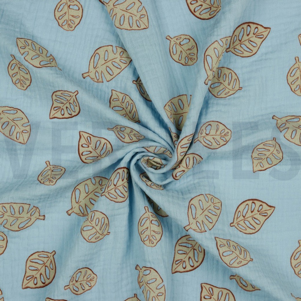 DOUBLE GAUZE MONSTERA LEAVES LIGHT BLUE #2
