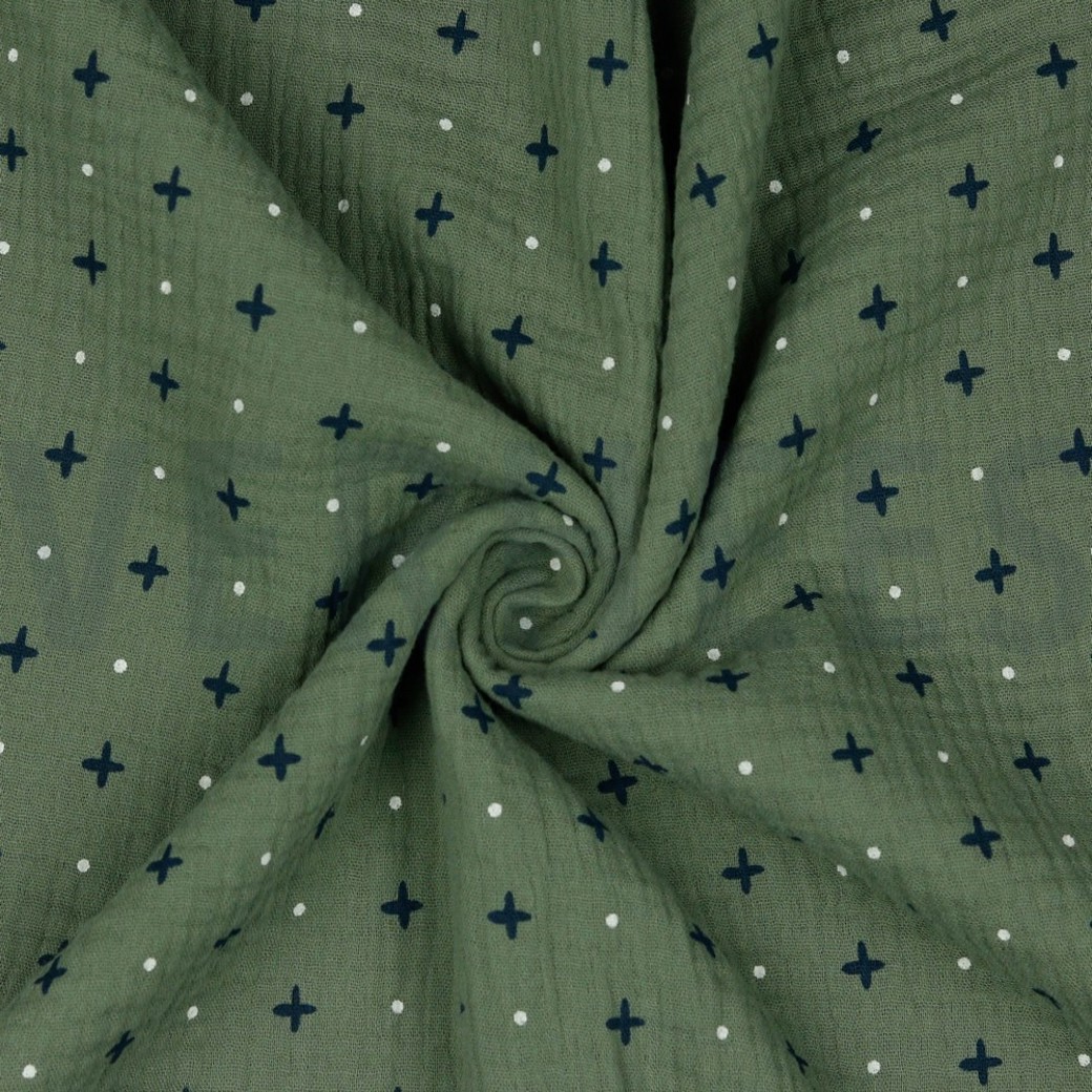 DOUBLE GAUZE CROSS AND DOTS MOSS GREEN #2