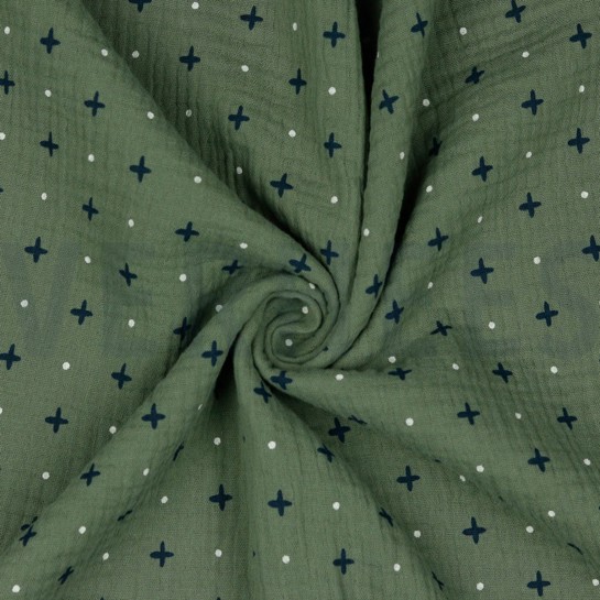 DOUBLE GAUZE CROSS AND DOTS MOSS GREEN #7