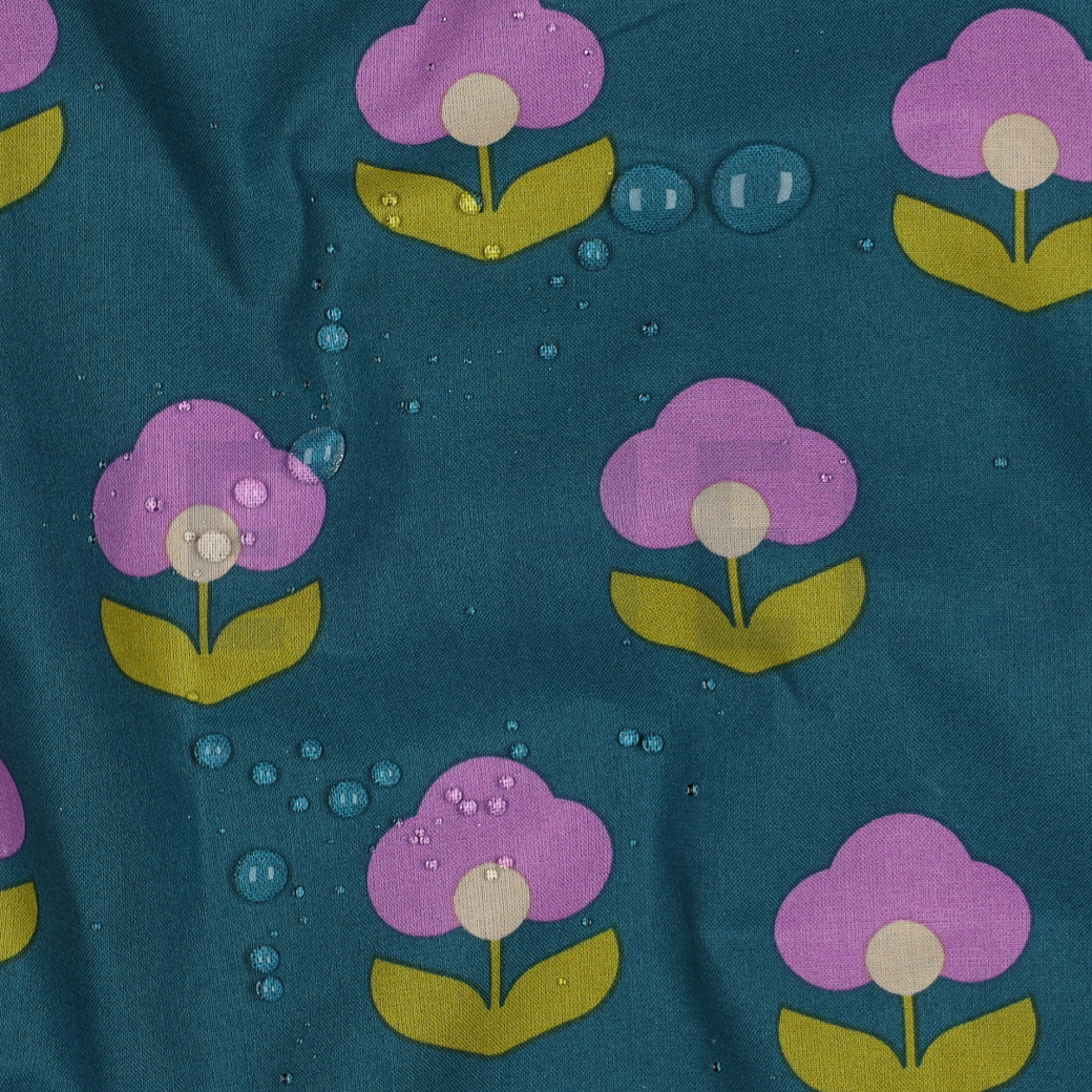 COATED COTTON RETRO FLOWERS PETROL #2