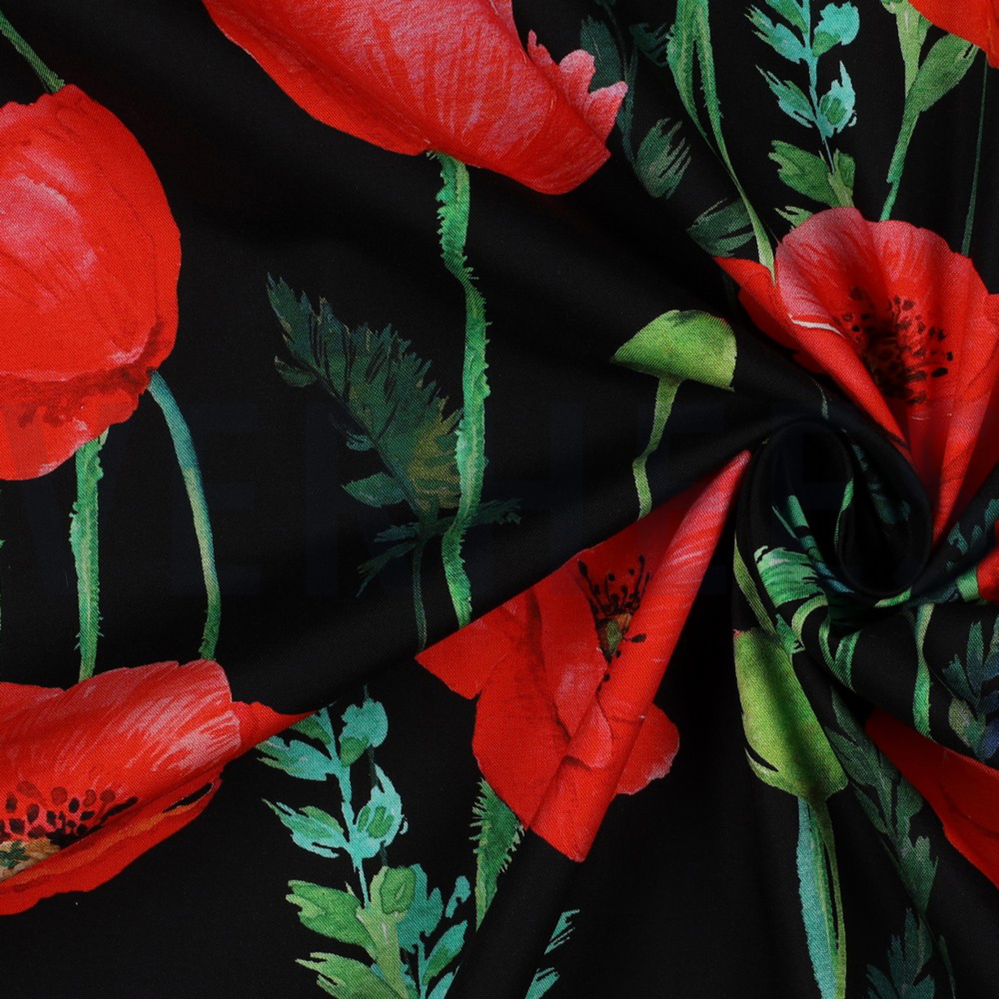 FINE POPLIN DIGITAL POPPY FLOWERS BLACK (high resolution) #3