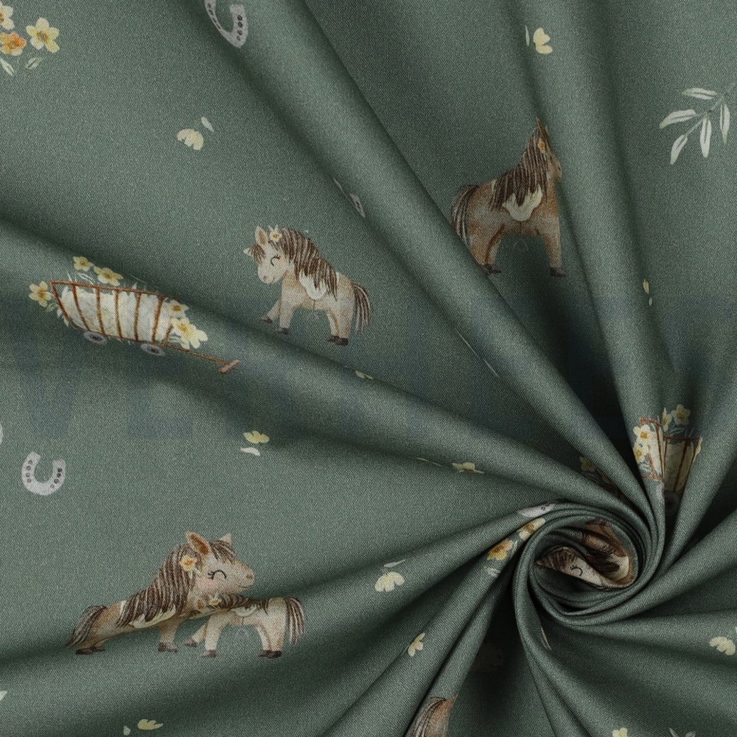 FINE POPLIN DIGITAL SWEET HORSES GREEN #3