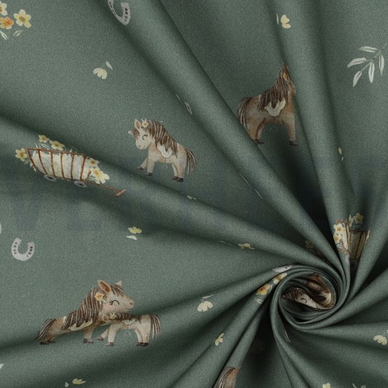 KATOENEN POPLIN DIGITAAL LIEVE PAARDEN GROEN #7