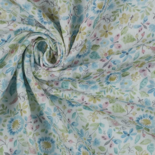 DOUBLE GAUZE GOTS DIGITAL FLOWERS WHITE/BLUE #7