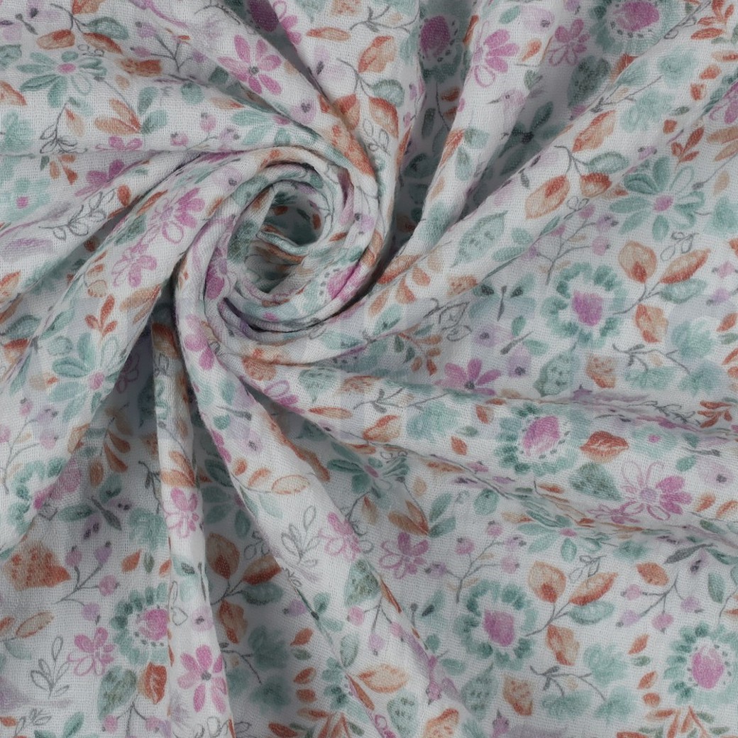 DOUBLE GAUZE GOTS DIGITAL FLOWERS WHITE/PETROL #3