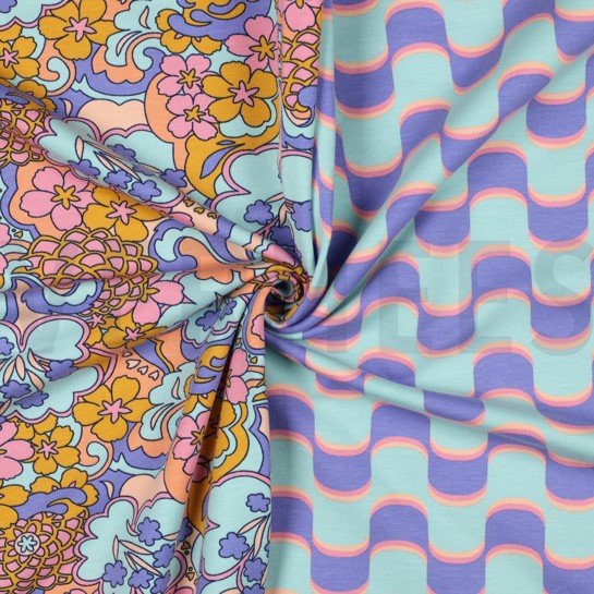 FRENCH TERRY ABSTRACT FLOWERS BLUE #7