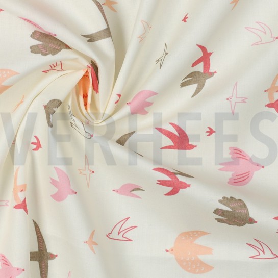 BAUMWOLLE POPELINE VÖGEL SCHNEEWEISS #7