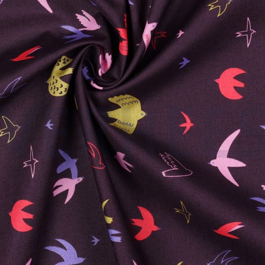 BAUMWOLLE POPELINE VÖGEL DUNKELVIOLETT #7