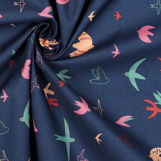 BAUMWOLLE POPELINE VÖGEL MARINEBLAU #7