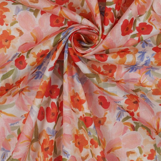 BAUMWOLLE VOILE DIGITAL BLUMEN PFIRSICH #7