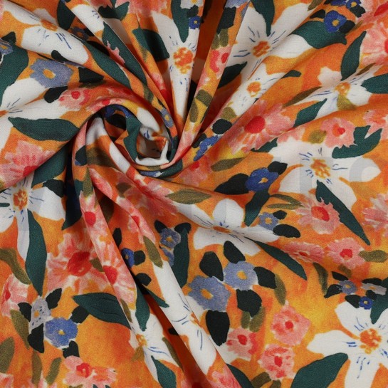 VISKOSE POPELINE STRETCH DIGITAL BLUMEN ORANGE #7