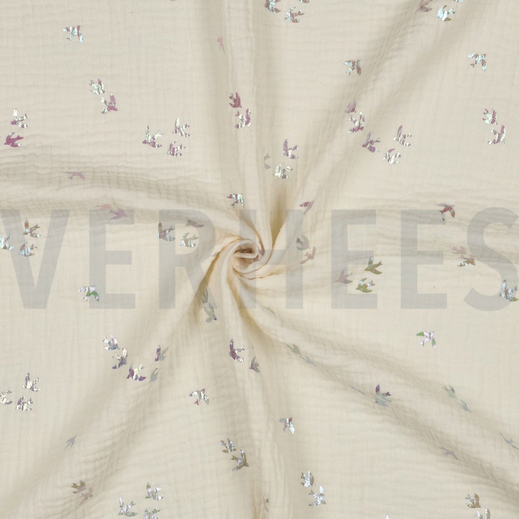 DOUBLE GAUZE FOIL BIRDS ECRU #3