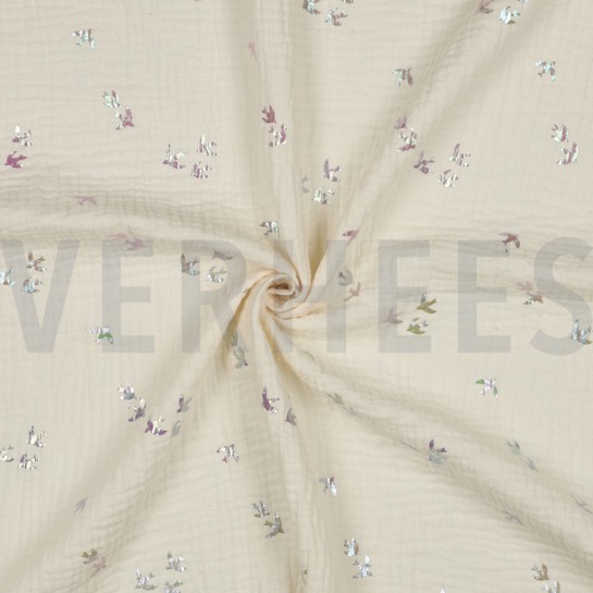 DOUBLE GAZE DE COTON FOIL OISEAUX ÉCRU #7