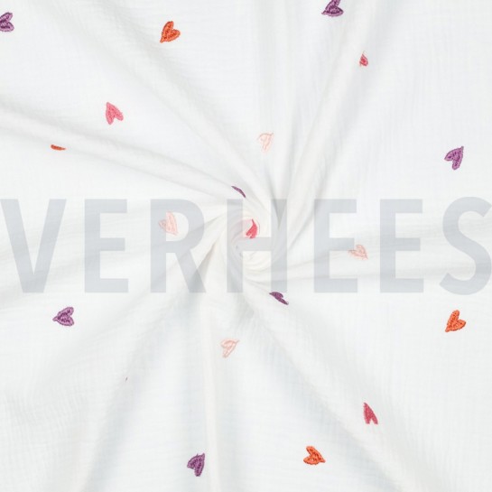 DOUBLE GAUZE EMBROIDERY HEARTS PINK / ORANGE #7