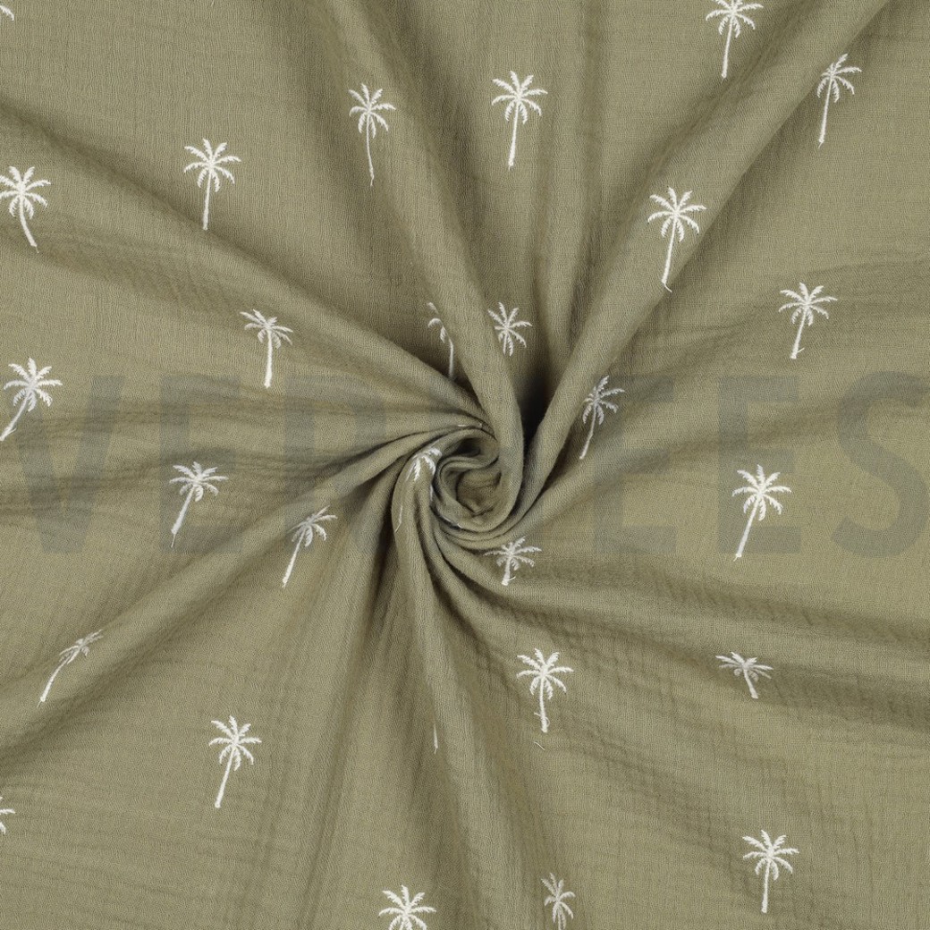 DOUBLE GAUZE EMBROIDERY PALM TREES MOSS GREEN #3