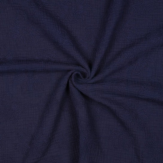 DOUBLE GAUZE EMBROIDERY BLOEMEN MARINEBLAUW #7