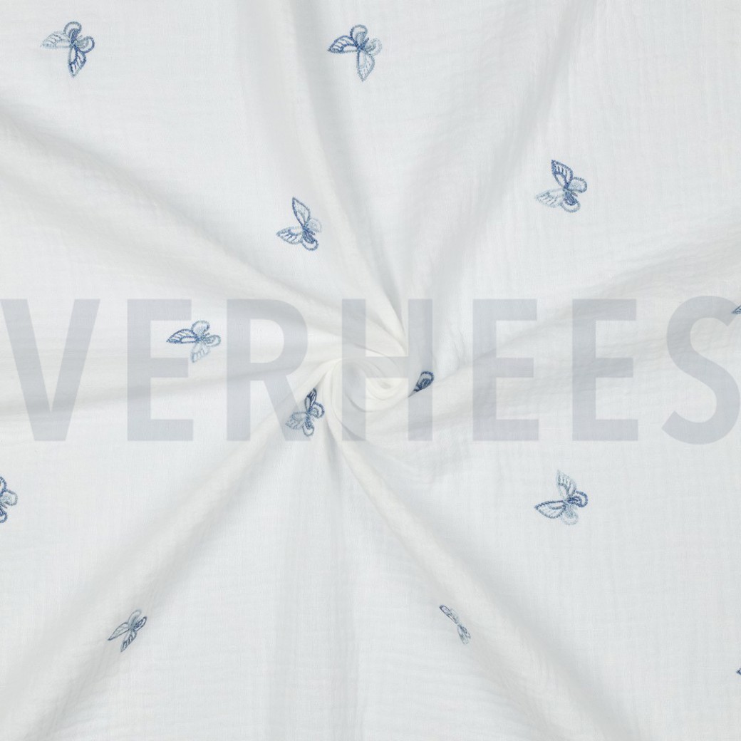 DOUBLE GAUZE EMBROIDERY BUTTERFLY WHITE / BLUE #3