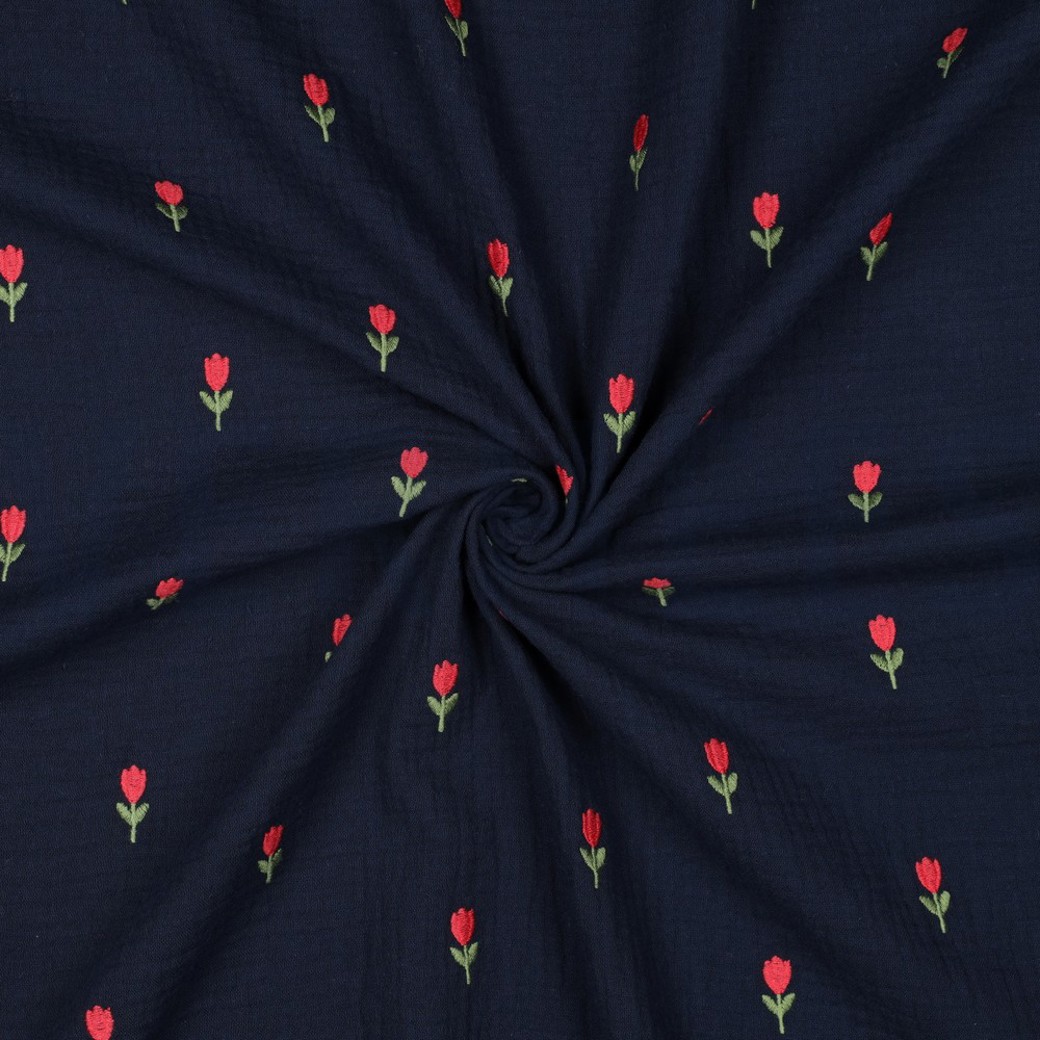 DOUBLE GAUZE EMBROIDERY FLOWERS NAVY #3
